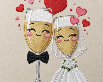 Wedding Champagne Glass Embroidery Design, Bride Groom Cute Embroidery File, Romantic Couple Love Wedding Gift, 5 Size, Instant Download