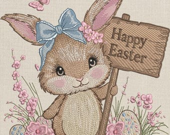 Cute Easter Bunny Embroidery Design, Happy Easter Rabbit with Flowers, Machine Embroidery File , 5 Size, Instant Download