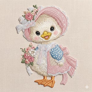 Vintage Duck Embroidery Design, Cute Duck with Bonnet and Flowers, Shabby Chic Farm Animal, Cottagecore, 5 Size, Instant Download