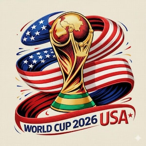 May include: A gold trophy with a red and gold design, featuring a world map, is the focal point. It is set against a backdrop of a red, white, and blue ribbon with stars and stripes, and the text "WORLD CUP 2026 USA".