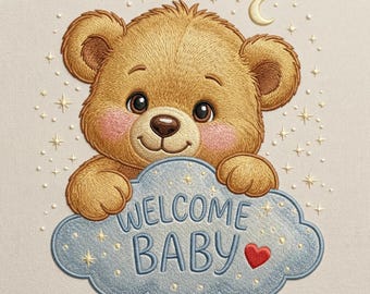 Welcome Baby Bear Embroidery Design, Cute Teddy Bear Nursery Embroidery File, Baby Shower Gift Design, 5 Size, Instant Download
