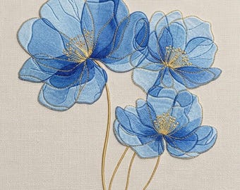 Elegant Blue Flower Embroidery Design, Modern Floral Machine Embroidery File with Gold Outline, 5 Size, Instant Download