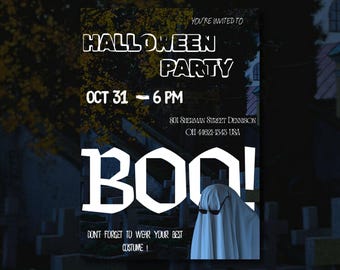 Può includere: Un invito a una festa di Halloween con sfondo scuro e testo bianco. L'invito dice "Halloween Party" e "Boo!" con data e ora. È presente anche un fantasma con occhiali da sole.