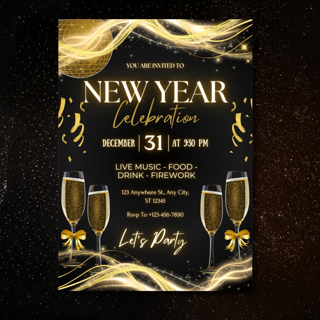 New Years Invitation Template, 2026 Happy New Years Png, Black & Gold