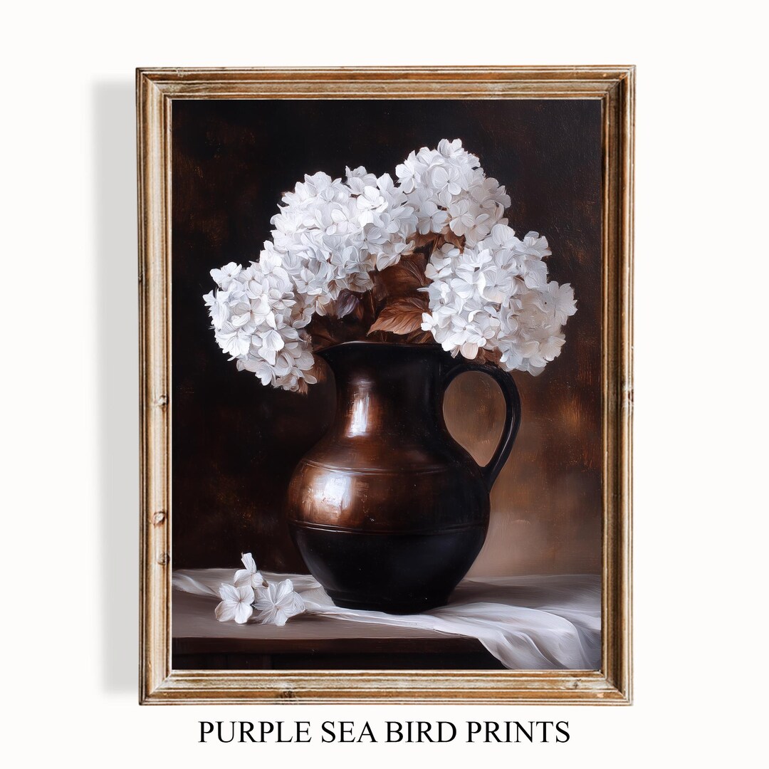 Vintage Dark Academia Hydrangea Still Life - Moody Floral Wall Art ...