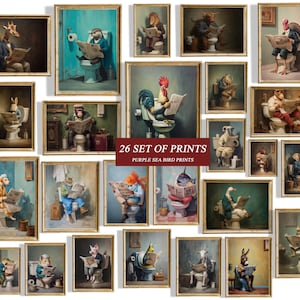 May include: A collection of 26 framed prints, each depicting an anthropomorphic animal reading a newspaper while seated on a toilet. The prints feature various animals, including a giraffe, rabbit, and rooster, in a vintage style.