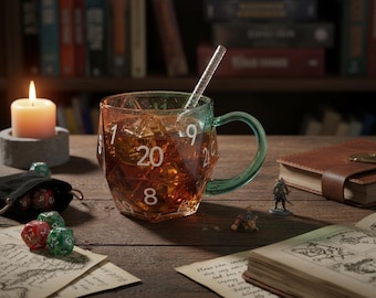 Taza de cristal con dados D20 / Taza poliédrica para juegos de mesa / Regalo de Dungeons & Dragons para jugadores