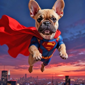 May include: A French Bulldog dressed as Superman, flying over a city at sunset. The dog is wearing a blue and red suit with the Superman logo and a red cape. The background shows a cityscape and a colourful sky.