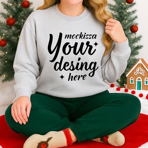 Gildan 18000 Gray Sweatshirt Mockup | Gray Crewneck G180 Mockup | Real Model Mockup | Cozy Modern Christmas Aesthetic Sweater