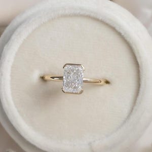 3Ct Radiant Cut Moissanite Half Bezel Engagement Ring, 14k Solid Gold Solitaire Diamond Ring, Diamond Proposal Ring, Personalized Ring Gift