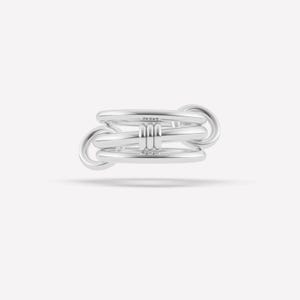 May include: A silver ring with a unique design. The ring features multiple interlocking loops and a central section with three parallel bars. The metal has a polished, reflective surface, and the ring is set against a plain white background.