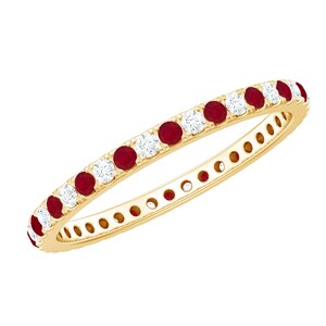 Ehering mit rotem Rubin, Moissanit und Zirkonia in 14-karätig vergoldetem Silber, zweifarbig, 1,50 mm runder Schliff, minimalistischer Schmuck für Damen