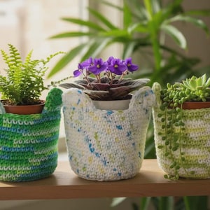 May include: Three crocheted plant pot covers in shades of green, white, and blue, each holding a different plant. The pots are sitting on a wooden surface. The plants include a fern, an African violet, and a succulent.