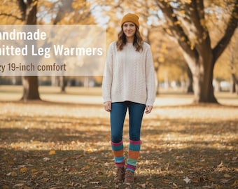 May include: Handmade knitted leg warmers, approximately 19 inches long, in a variety of colors. The image shows a person wearing the leg warmers with a sweater and jeans. The text in the image says "Cozy 19-inch comfort."