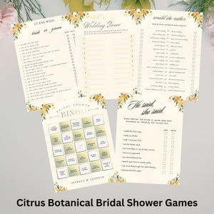 May include: Citrus botanical bridal shower games, including "Guess Who," "ABC Wedding Game," "Would She Rather," "Bridal Shower Bingo," and "He Said, She Said." Each game features a floral design with yellow flowers and green leaves.