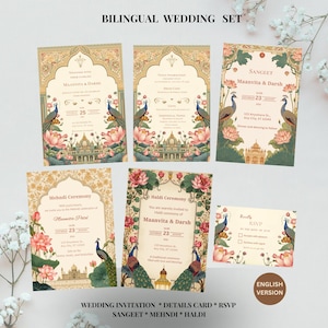 May include: A set of bilingual wedding stationery with ornate floral and peacock designs. The invitations include details for the Sangeet, Mehndi, Haldi ceremonies, and RSVP cards. The text includes the names Maanvita & Darsh and the date.
