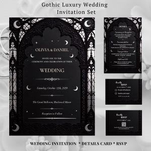 May include: A black wedding invitation set featuring a gothic archway design with white crescent moons and stars. The set includes a main invitation for Olivia and Daniel, a details card, and an RSVP card with text in white font on a dark background.