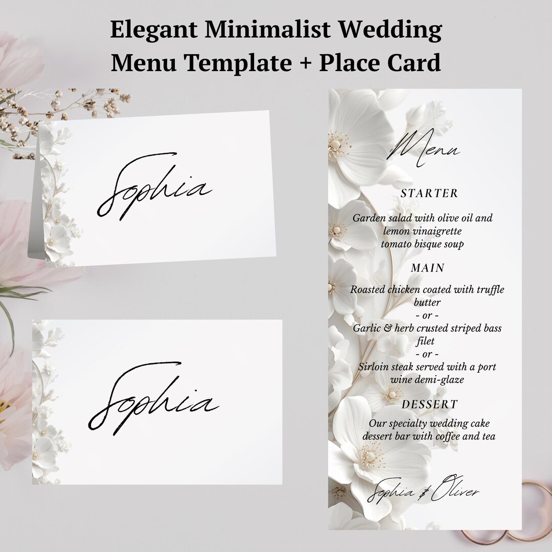 Minimalist Wedding Menu Place Cards, White Floral Elegant Modern ...