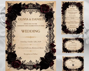 Op de afbeelding: Een trouwkaarten set met een perkamentkleurige achtergrond, zwarte kanten randen en donkerrode en zwarte rozen. De tekst bevat de namen Olivia en Daniel, huwelijksdetails en RSVP-kaarten met gedetailleerde zwarte bloemmotieven en typografie.