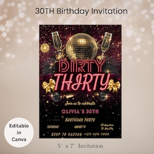 Könnte beinhalten: Eine 5 x 7 Zoll Geburtstagseinladung mit einem schwarzen und weinroten Hintergrund. Die Einladung zeigt eine Discokugel, Champagnergläser und die Worte "DIRTY THIRTY". Der Text enthält "Feiern Sie mit uns OLIVIAS 30. GEBURTSTAGSPARTY".