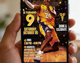 Bearbeitbare Kobe Lakers Einladung, Kobe Lakers Geburtstagseinladung, druckbare Einladungen zur Geburtstagsfeier, digitale Basketball-Party einladen
