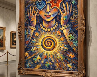 Autism Awareness Wall Art - Puzzle Piece Abstract Portrait | Vibrant Digital Painting | Autism Spectrum Art | Puzzle & Spiral Design