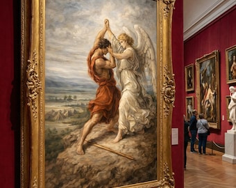 Jacob Wrestling with Angel  Renaissance-Inspired Digital Painting | Biblical Artwork | Christian | Printable Art Living Room | Bible Verse