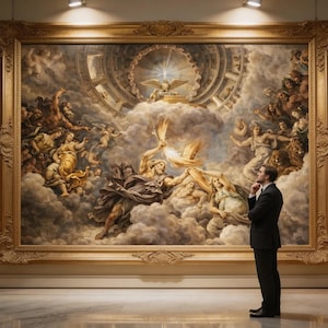 May include: A large, ornate framed painting depicting a classical scene with figures, clouds, and a central light source. A man in a suit stands in front of the artwork, contemplating it. The painting is in a museum setting.
