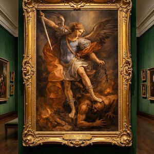 Puede incluir: Pintura enmarcada en oro que representa a San Miguel derrotando al diablo. La obra de arte muestra una figura alada con armadura sosteniendo una espada, de pie sobre una figura derrotada. La pintura se exhibe en un entorno de museo.