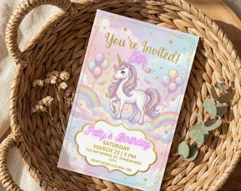 Editable Unicorn Birthday Invitation Template, Pastel Rainbow Girl Party Invite, Printable 5th Birthday, Canva Editable, Easy to use