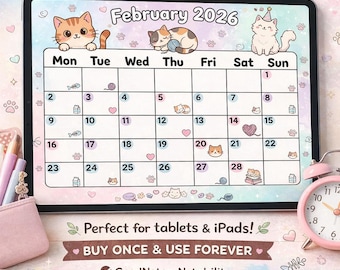 Cute Digital Calendar Planner | Instant Download | 2026 Monthly Planner with Adorable Cat Design | Perfect for GoodNotes & Notability |