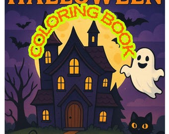 May include: A Halloween-themed coloring book cover. The image features a haunted house, pumpkins, a black cat, and a ghost against a purple night sky. The words "HAPPY HALLOWEEN COLORING BOOK" are displayed in orange and green.