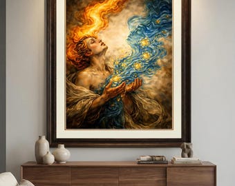 Fire and Water Mythology Art Print, Divine Masculine Wall Art, Classical Renaissance Inspired Painting, Spiritual Celestial Artwork, Digital