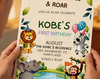 Safari Animal First Birthday Invitation - Safari Adventure Theme - Editable Digital Template - Kids Birthday Party Invite - Instant Download