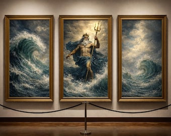 Poseidon Triptych Art Print - Digital Download, Greek Mythology Wall Art, Ocean Themed Artwork, Poseidon Wall Decor, 3-Part Canvas Set