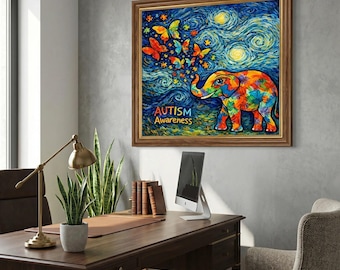 Autism Awareness Elephant Art Print | Vibrant Puzzle Piece Butterflies | Colorful Abstract Wall Art | Inspirational Gift for Autism Support