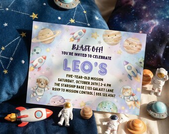 Space Themed Birthday Invitation, Party Invitation, Personalized Birthday Invitation for Boys & Girls, Party Invitations, Canva Editable