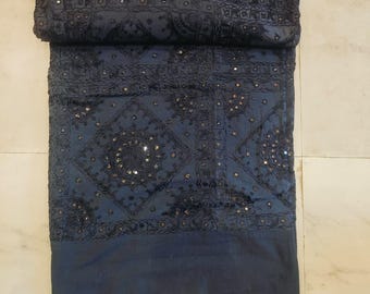 Blue Cotton Bedspread with Mirror Work: Handmade Indian Embroidered Throw