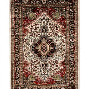 Handgemaakt zijden vloerkleed, ivoorkleurig en rood Perzisch design tapijt, traditioneel Oosters vloerkleed, klassieke vloermat voor de woonkamer, klein vloerkleed voor de hal