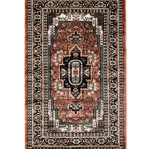 Handgemaakt zijden vloerkleed, terracotta en zwart tapijt met tribale motieven, traditioneel oosters vloerkleed, klassieke vloermat voor de woonkamer, klein vloerkleed voor de hal