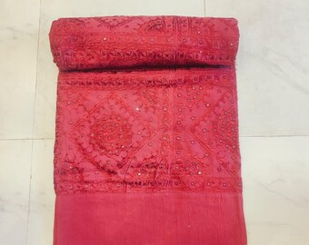 Red Embroidered Cotton Bedspread: Handmade Indian Mirror Work Throw
