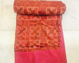 Handmade Cotton Bedspread with Mirror Work - Indian Embroidered Bed Cover