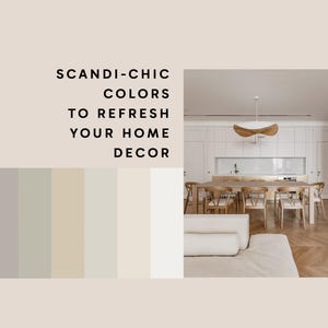 Może przedstawiać: Obraz z neutralną paletą kolorów z tekstem "Scandi-Chic Colors to Refresh Your Home Decor". Obraz przedstawia nowoczesną jadalnię z długim drewnianym stołem, krzesłami i białą sofą. Paleta kolorów pokazuje różne odcienie szarości i beżu.