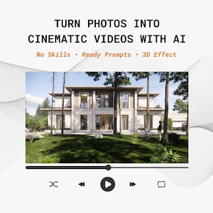 Op de afbeelding: Een advertentie voor AI-videomaking. De tekst luidt "VERANDER FOTO'S IN CINEMATISCHE VIDEO'S MET AI" met de ondertitel "Geen vaardigheden • Kant-en-klare prompts • 3D-effect". De afbeelding toont een modern huis en een video-player-interface.