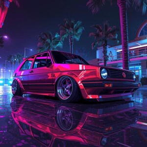 May include: A vibrant red car with lowered suspension and custom wheels, reflecting on a wet surface. The scene is set at night with neon lights and palm trees, creating a retro, stylized aesthetic. The car's details are sharply defined.