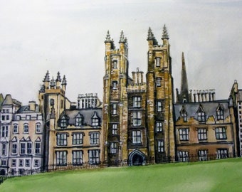 Print of University,in Edinburgh Scotland From Original Watercolour