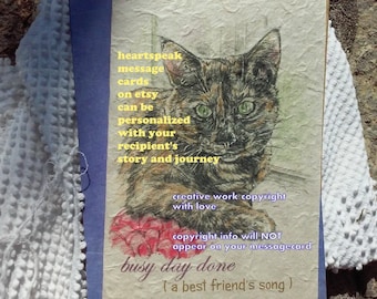 busy day done  tortoiseshell cat/ tortie /black brown cat/personalize /storybook cards/unique empathy condolence cards/pet sympathy/pet card