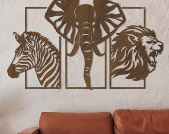 Wooden Safari Wall Art, Modern Animal Silhouette Wall Hanning, Elephant, Lion, Zebra Panels, African Animals Wall  Art, Jungle Wall Set