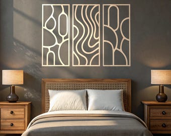 Set of 3 Wooden Wall Art Panels, Modern Wood Wall Art Set, Abstract Wooden Wall Art, Wood Wall Hangings, Boho Wood Wall Art, Set Of 3 Panels