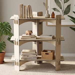 Zusammenklappbares Verkaufsdisplay aus Holz, Messestand aus Sperrholz, flach verpacktes Verkaufsregal, dreistöckiges Marktregal, lasergeschnittener Sperrholz-Organizer